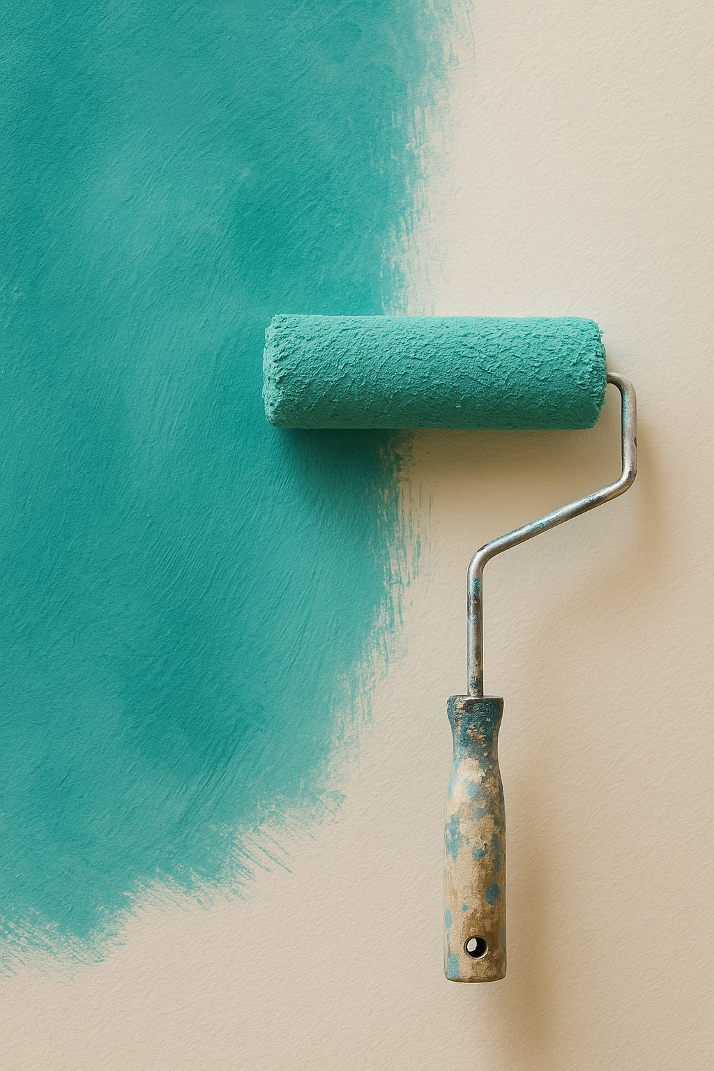 Painting roller applying teal paint to a wall